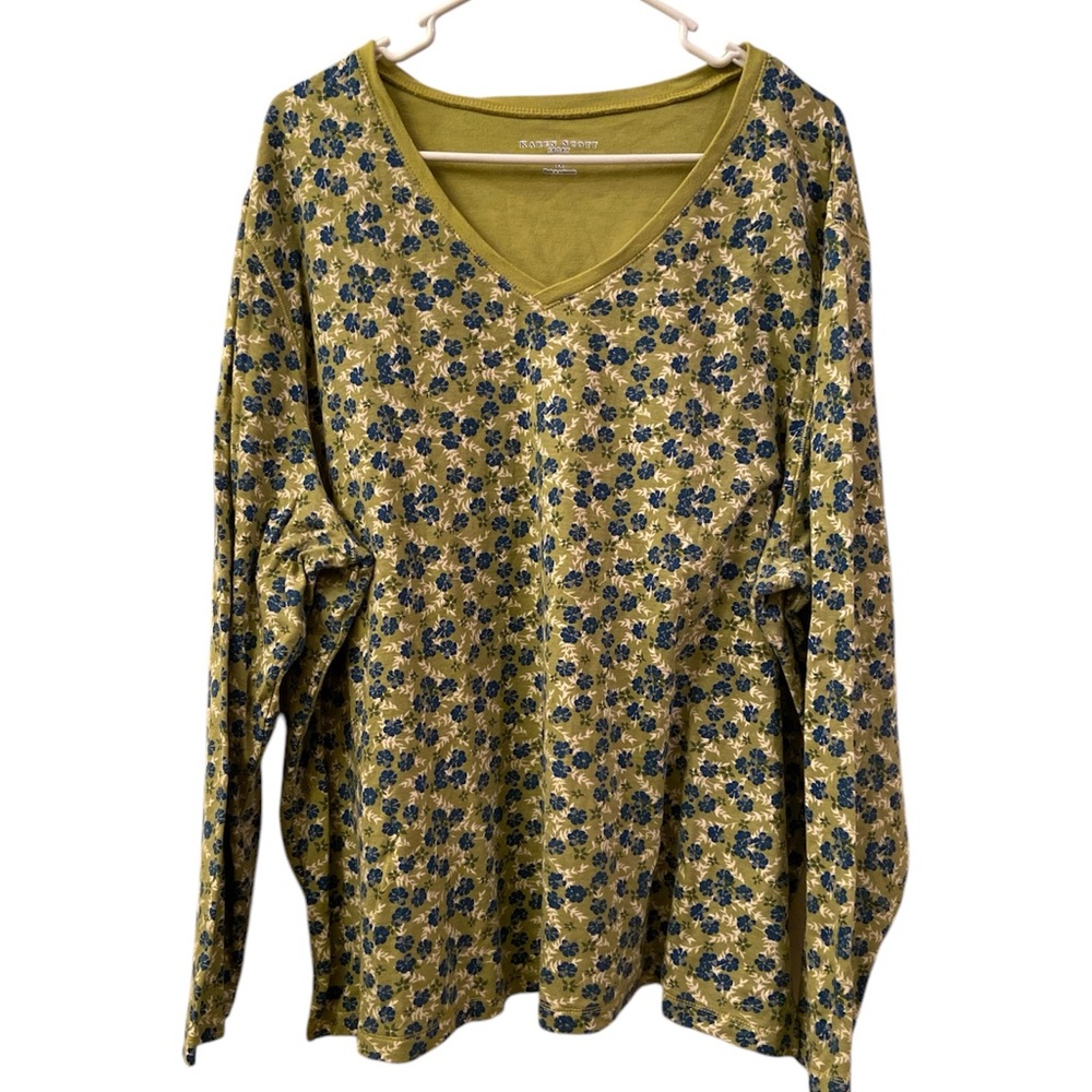Karen Scott Sport Top Jersey Long Sleeve Green Blue Floral V Neck WM SZ 2X